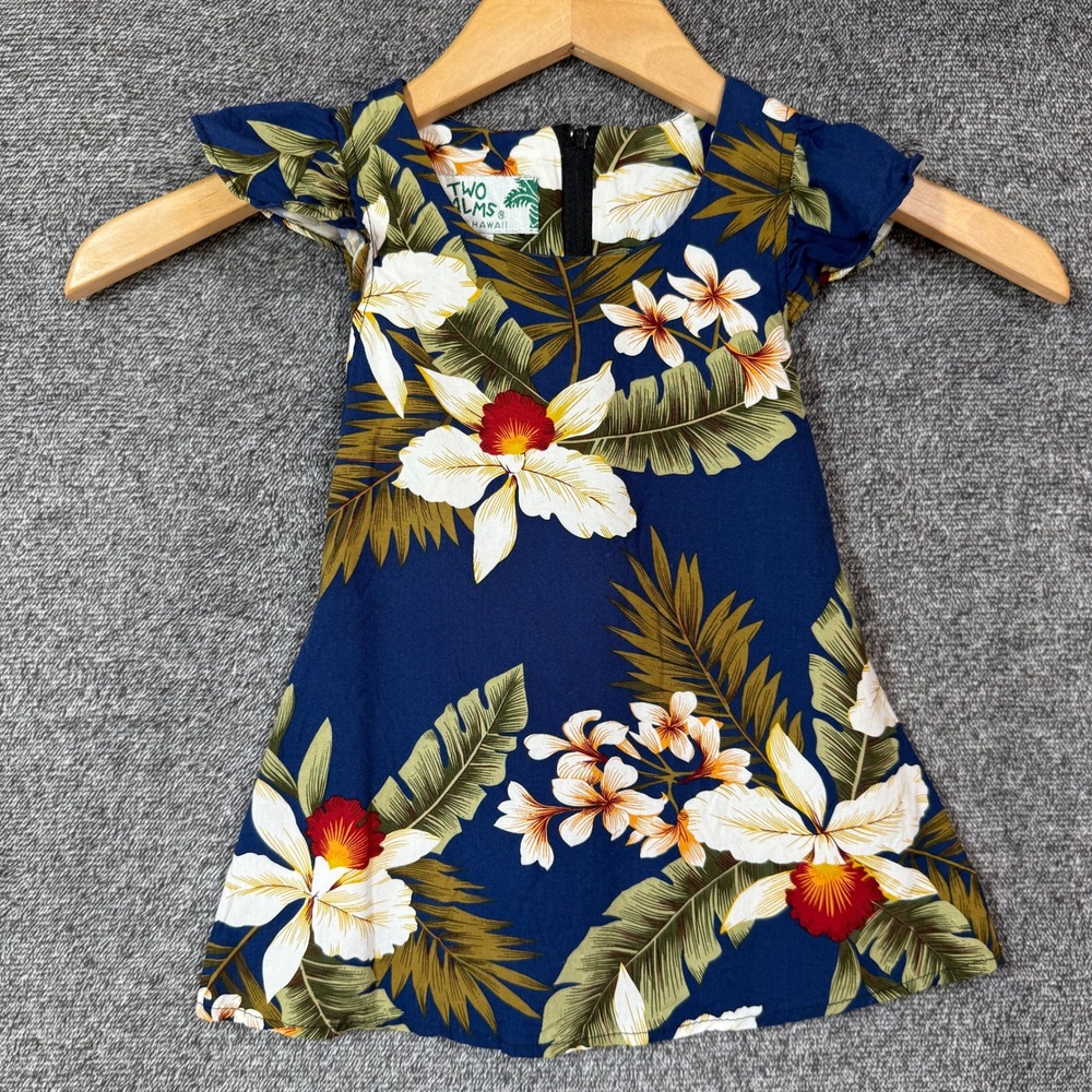 Two Palms Hawaii Girls Floral Rayon Dress Navy Blue Tropical Orchid Size‎ 1